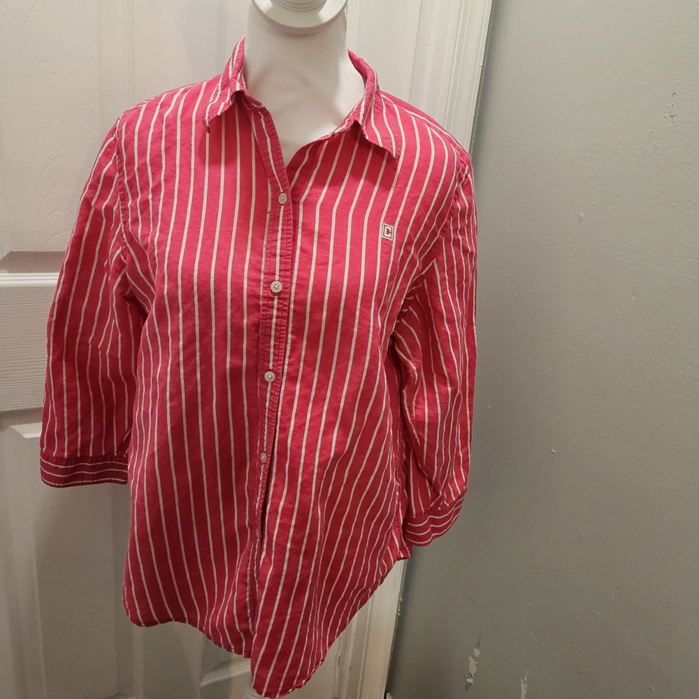 Chaps Pink and White Striped Linen-Blend Shirt